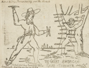 The Great American Knife Thrower, 1883. 'Hand Bills given away on the Beach. Exhibited in a