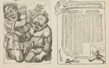 Train timetable and scene from the Crystal Palace pantomime, mid-late19th century. Poster or flier