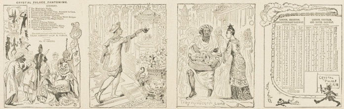 Train timetable and scenes from the Crystal Palace pantomime, mid-late19th century. 'The whole