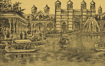 India and Ceylon Exhibition at Earl's Court in London, 1896. Illustration from a flier advertising