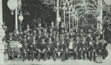 The London Military Band at Kroll's Garden in Berlin, Germany, 1896. Group portrait of British