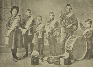 Salvation Army child musicians at Kennington Lane Barracks, London, 1896. Illustration from an