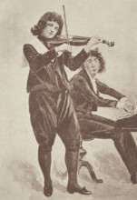 Musicians in "The Little Genius" at the Avenue Theatre, 1896. Illustrated flier advertising a