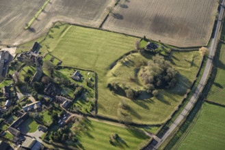The earthwork remains of a motte and bailey castle and ridge and furrow cultivation on the