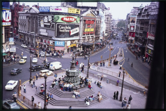 An elevated view looking north-east over Piccadilly Circus and the Shaftesbury Memorial Fountain,