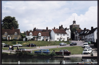 Looking east across the pond at Finchingfield towards houses on The Causeway and Church Hill,