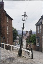 The leaning lamp post at the junction of Steep Hill and Danesgate, Lincoln, Lincolnshire, 1976. The