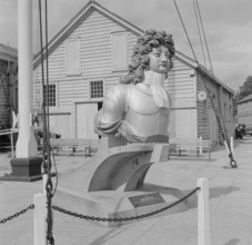 General view of a figurehead from HMS Benbow outside Boat House number 5 at Portsmouth Naval