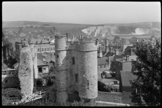 A view looking east from the keep of Lewes Castle towards the Barbican and inner gatehouse, East