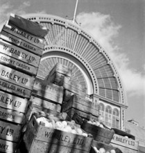 Looking up at the arched iron and glass facade of Covent Garden market's Floral Hall, with piles of