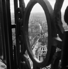 View through the decorative iron railings of the Golden Gallery at St Paul's Cathedral, looking