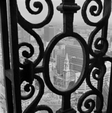 View through the decorative iron railings of the Golden Gallery at St Paul's Cathedral, looking