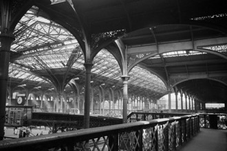 The interior of Liverpool Street Station showing the footbridge over the Continental Boat Train