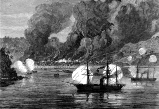 The War on the Gold Coast: bombardment and burning of Bootry by H.M.S. Argus and decoy, Oct. 28,
