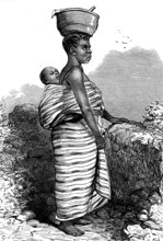 The War on the Gold Coast: a bush woman, 1873. Mother carrying her child in a baby wrap, balancing