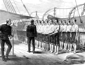 Life on board a troop-ship: inspection of hands and feet, 1873. 'Major W. O. Carlile's sketches of
