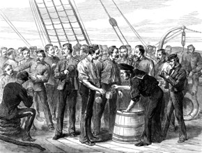 Life on board a troop-ship: serving out grog, 1873. 'Major W. O. Carlile's sketches of life on