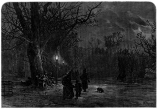 Moving On: a sketch in St. James's Park by L. Wagner, 1873. 'As we sit by the warm fireside...we do