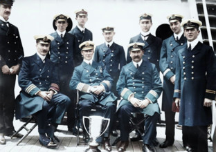 Captain Rostron & under officers of Carpathia [ship], 1912. Shows Captain Arthur Henry Rostron next