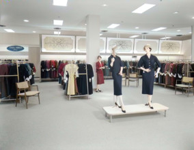 Filene's, business in North Shore Shopping Center, Peabody, Massachusetts, 1957. (Colorised black