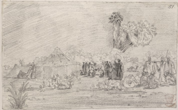 Tribesmen and tent. A group of men, possibly Arabs, at an encampment with a camel tethered near the
