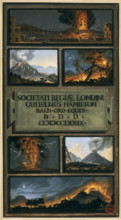 Volcanic eruptions, 1779. Pictures of different locations of volcanic eruption, showing lava and