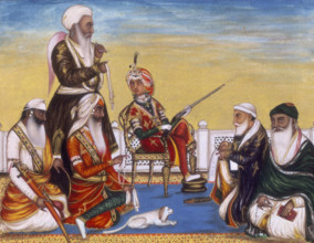 The durbar of December 1845; the Maharaja Dalip Singh is seated on a chair holding a gun, a pet lap