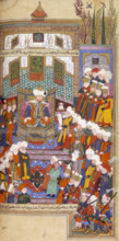 Timur's envoy reading a letter to Bayezid, 1599. Bayezid is enthroned, surrounded by the Ottoman