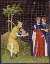 The fool of Strutt putting the tail of a small animal in his mouth, 15th century. The fool wears a