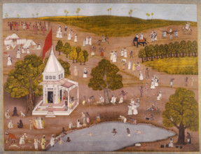 Indian landscape with people swimming near a temple, c1760. In the foreground people wash in the