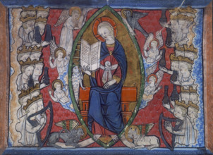 A seated woman surrounded by angels, 14th century. Either side crowned heads present her with