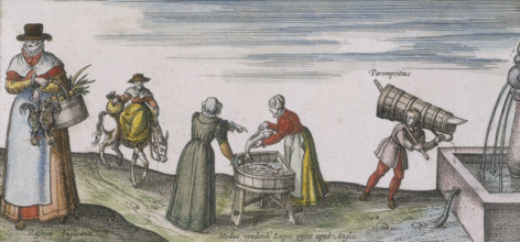 Women gutting fish, 1598. On the left is a woman with a pair of chickens and a basket of fruit; she