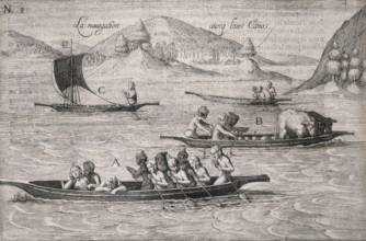 People paddling a canoe, 1605. Indigenous people and animals on a lake or bay surrounded by hills.