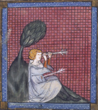 A man pierced by two arrows, 14th century. One arrow has pierced his stomach, the other through his