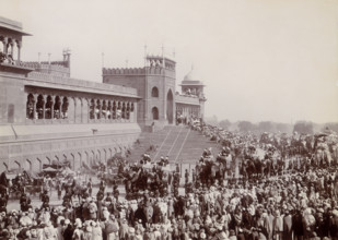 State entry into Delhi, India, 1902. An elephant procession of the Viceroy's staff in front of the