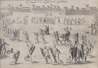 People in a procession around a tethered bull, 1605. 'Le triumphe de la noblissement des