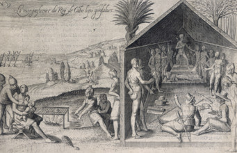 Two Europeans at an audience with a king, 1605. 'La mangnificence [sic] du Roy de Cabo Iopo