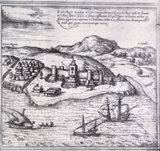 Map of Mina (or Myna), West Africa, 1572. A walled town and surrounding villages, with ships off