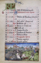 Stag hunting with horse and hounds, c1500-c1510. A man on a white horse in he act of killing a stag