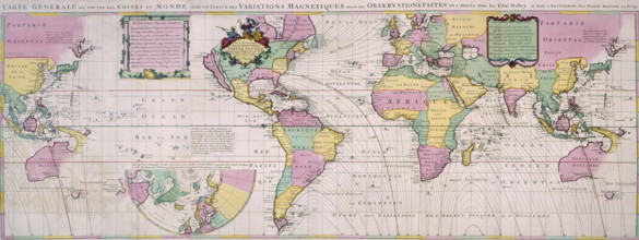 Map of the World, c1701. Nautical table showing magnetic variations. The phenomenon of magnetic