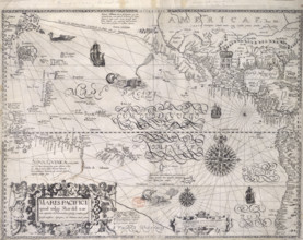 Map of the Pacific Ocean, 1600. Showing the tropics of Cancer and Capricorn; China; Japan; New