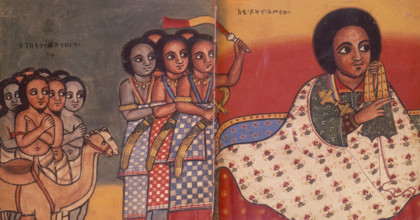 The Emperor Yekuno Amlac of Ethiopia with slaves and Muslim ambassadors, after 1270.