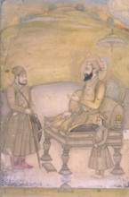 Aurangezeb enthroned, (second half of the seventeenth century?). The bearded Mughal emperor sits on