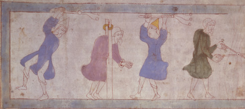 A man in the stocks being whipped, c1025-c1050. He stands in the stocks with his hands bound. Two