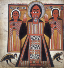 Three figures, two with swords. From the Gospels.