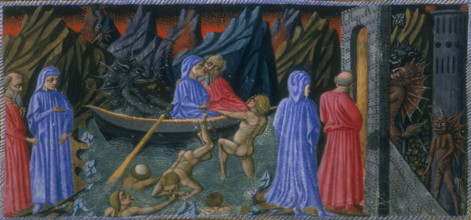Dante and Vergillius, c1300-c1321. On the far left Dante and Virgil are on the bank of a river. In