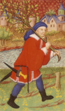A forester having chopped down a tree, 1423. He carries the tree over his shoulder, a sharp dagger