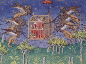 Alexander the Great, in a cage, being carried aloft by griffins, Paris, c1420-1425. Legendary scene