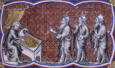A scene from the Bible Historiale, 1357. A man counts a pile of money on a table, a money bag next