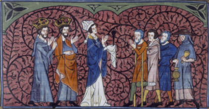 A Bishop and clergy greeting beggars and pilgrims, c1325-c1350. The first beggar is on crutches,